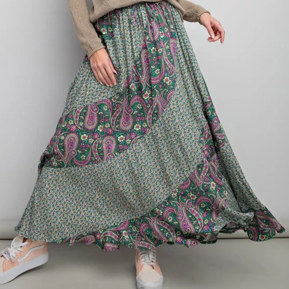 EASEL Cottagecore Flowy Maxi Skirt with Pastel Mix Print NWT